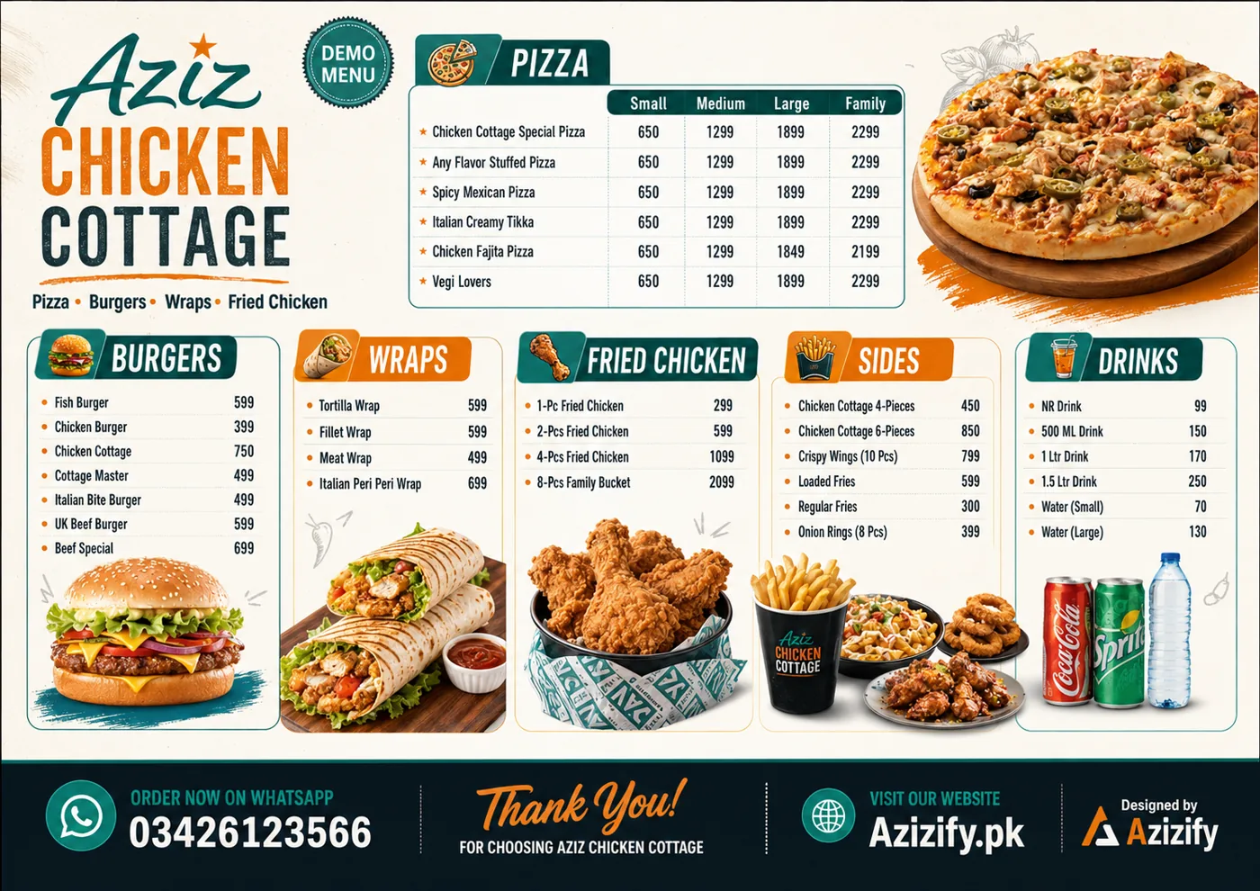 Aziz Chicken Cottage restaurant menu design